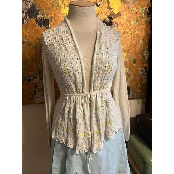 Anthropologie Moth Lazuli Beaded White Tie Front Linen Blend Cardigan Sweater S - Picture 5 of 13